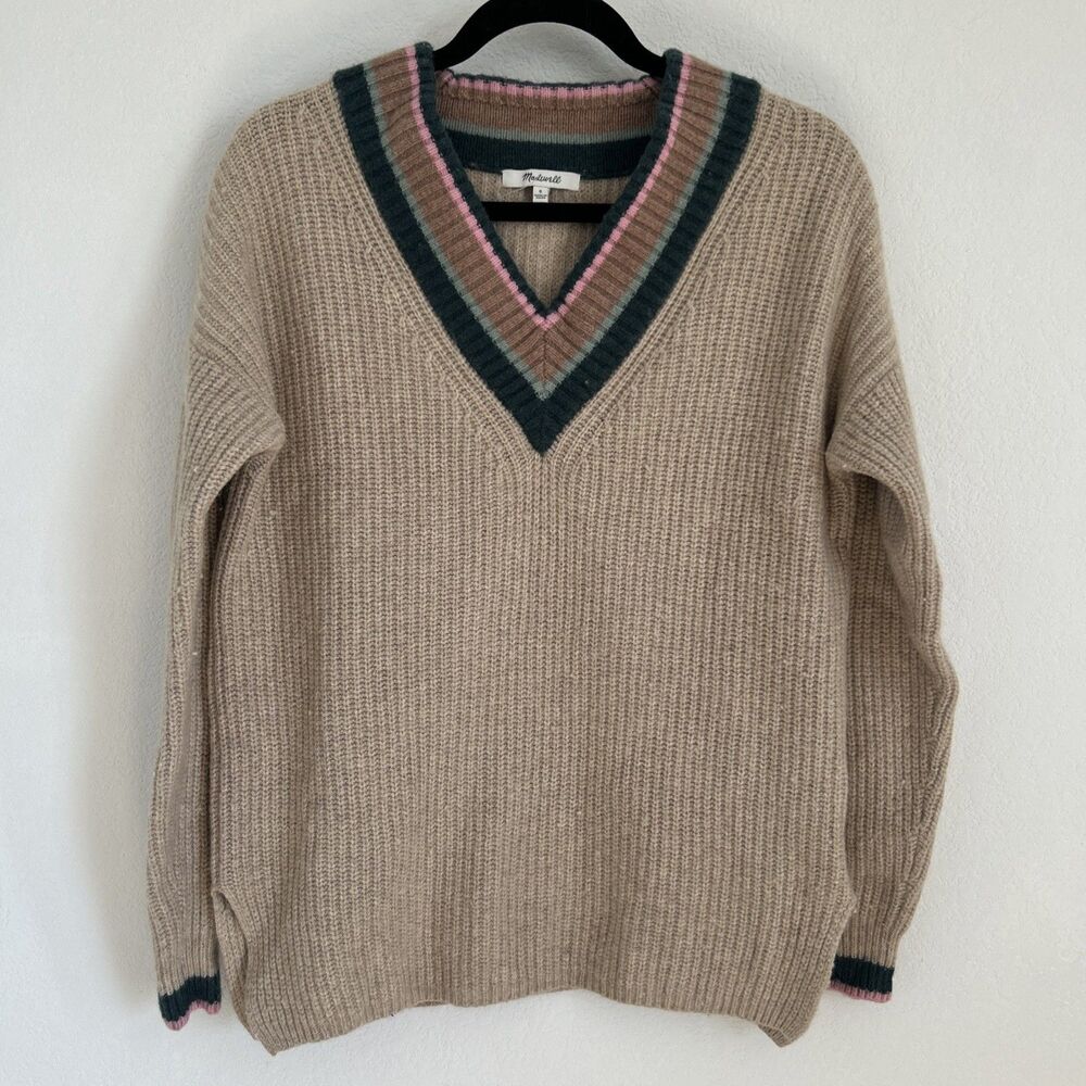 Madewell Sweater NWOT Beige Wool Blend  w Striped V-Neckline Pullover Sz S